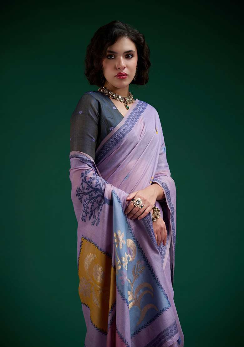 Purple Cotton Saree Set with Printed for Diwali | Wedding & Festive Wear - Indya