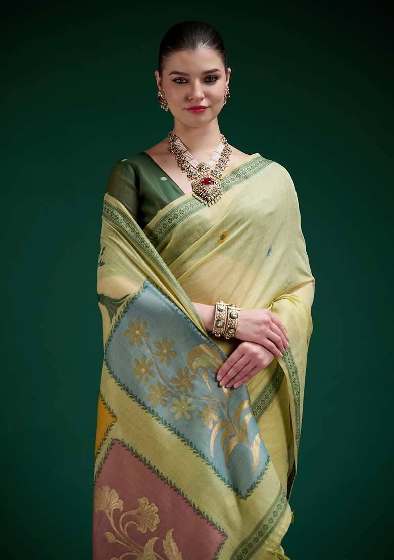 Yellow Cotton Saree Set with Printed for Diwali | Wedding & Festive Wear - Indya