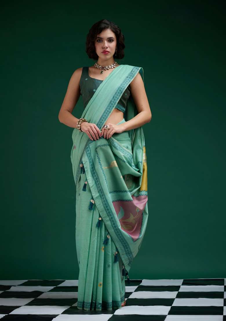 Turquoise Printed Cotton Saree Set for Diwali and Festive Wear - Indya