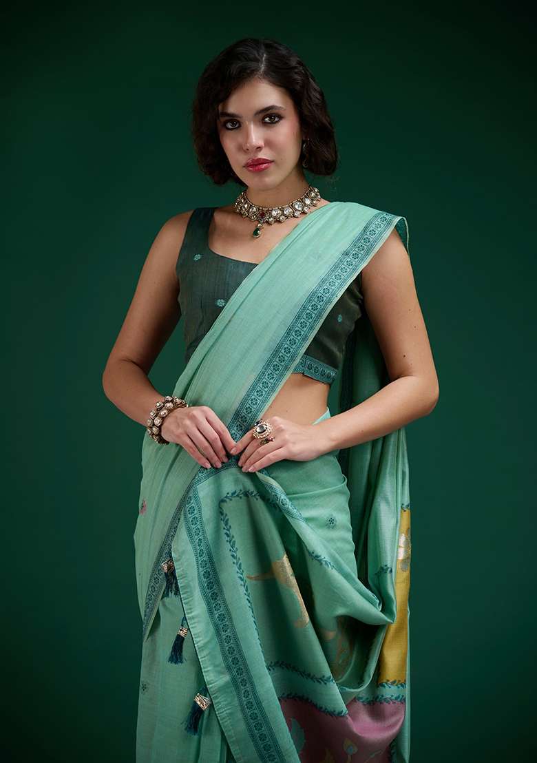 Turquoise Printed Cotton Saree Set for Diwali and Festive Wear - Indya