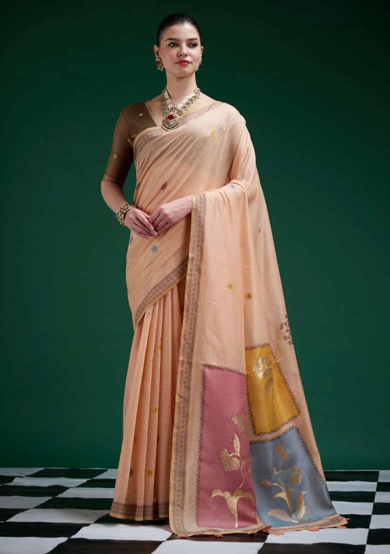 Peach Printed Cotton Saree Set for Diwali and Festive Wear - Indya