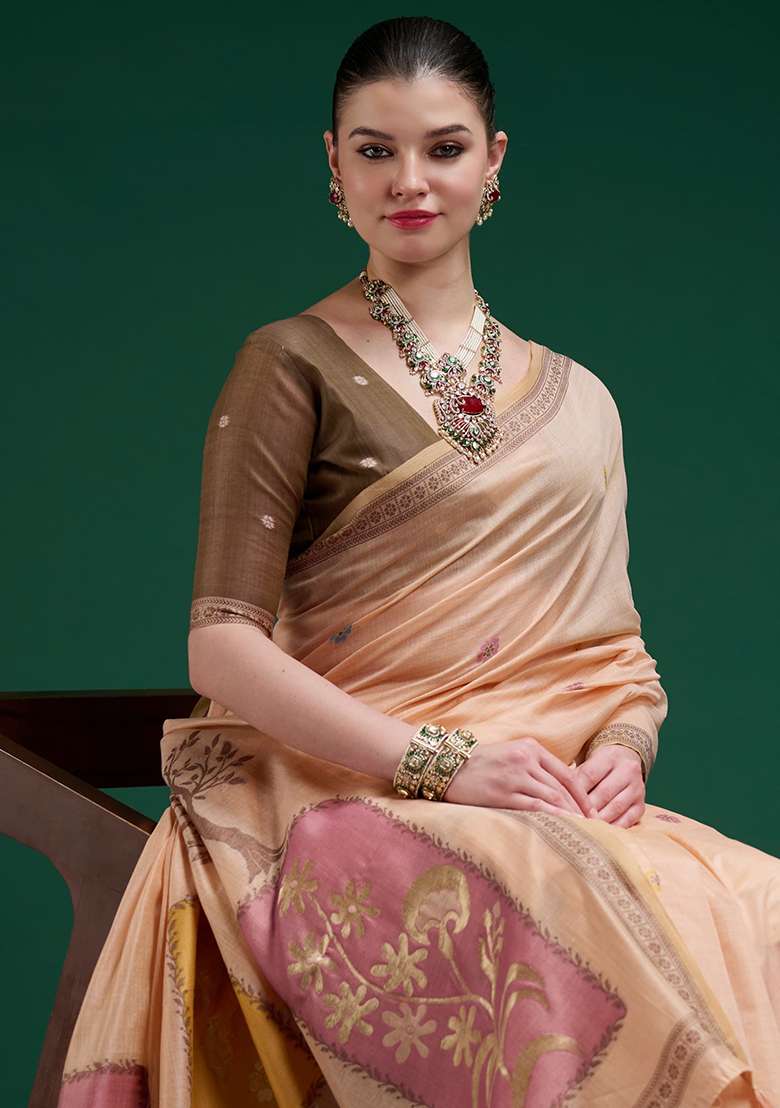 Peach Printed Cotton Saree Set for Diwali and Festive Wear - Indya