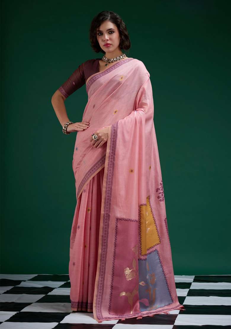 Pink Printed Cotton Saree Set for Diwali and Festive Wear - Indya