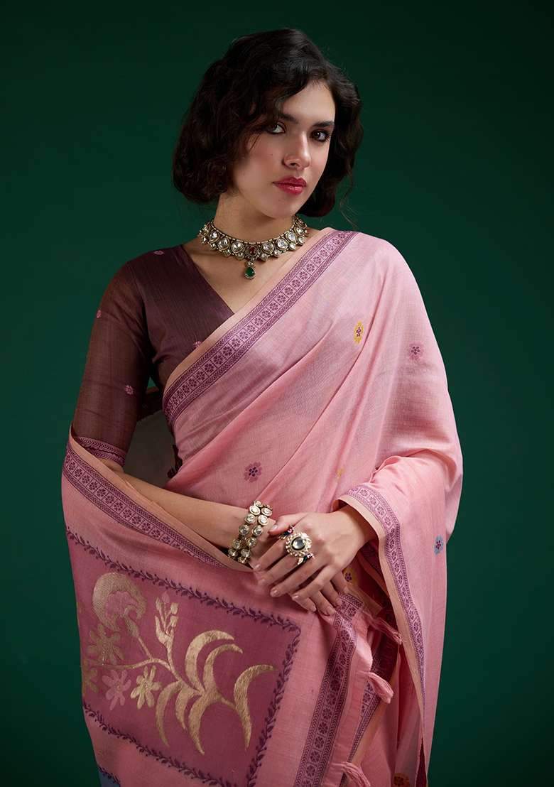 Pink Printed Cotton Saree Set for Diwali and Festive Wear - Indya