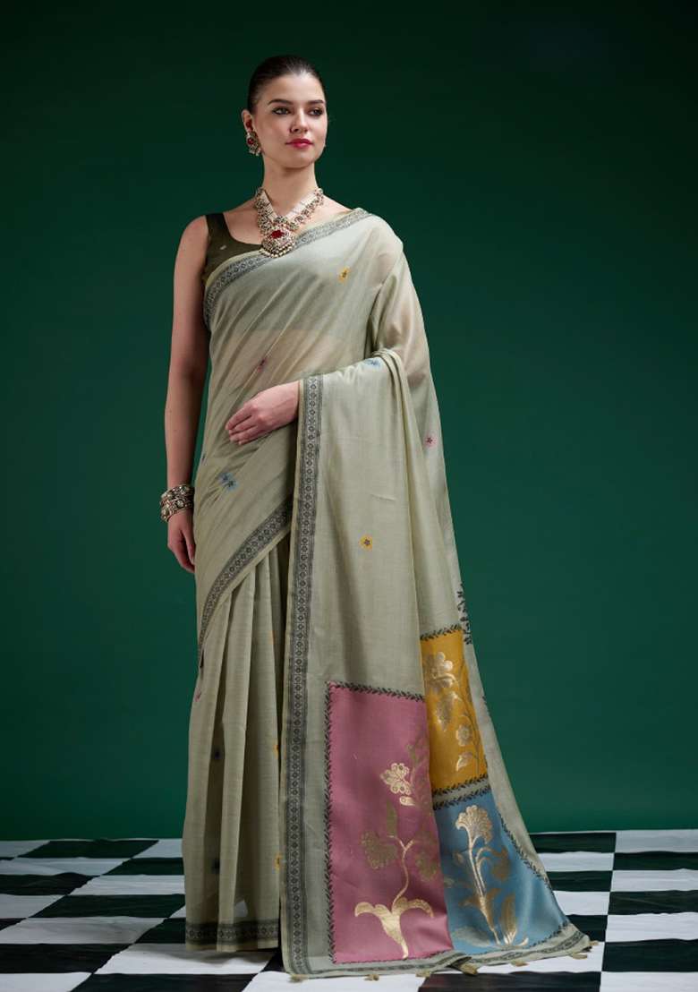 Sea Green Cotton Saree Set with Printed for Diwali | Wedding & Festive Wear - Indya