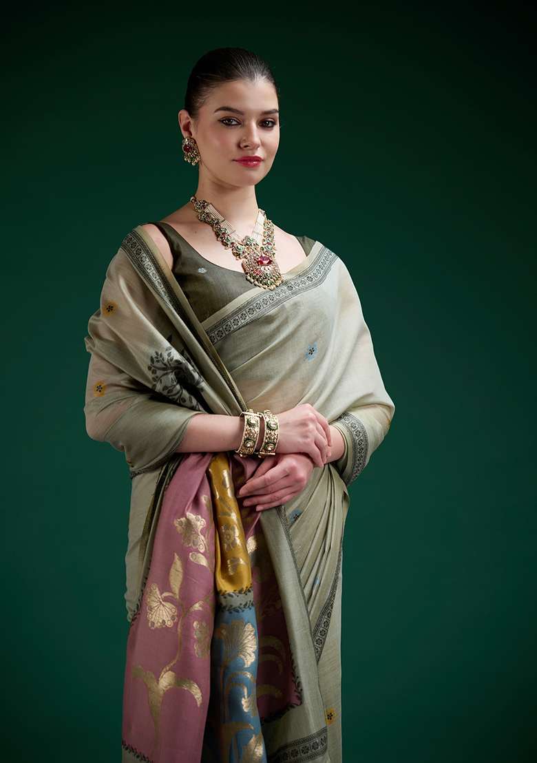 Sea Green Cotton Saree Set with Printed for Diwali | Wedding & Festive Wear - Indya