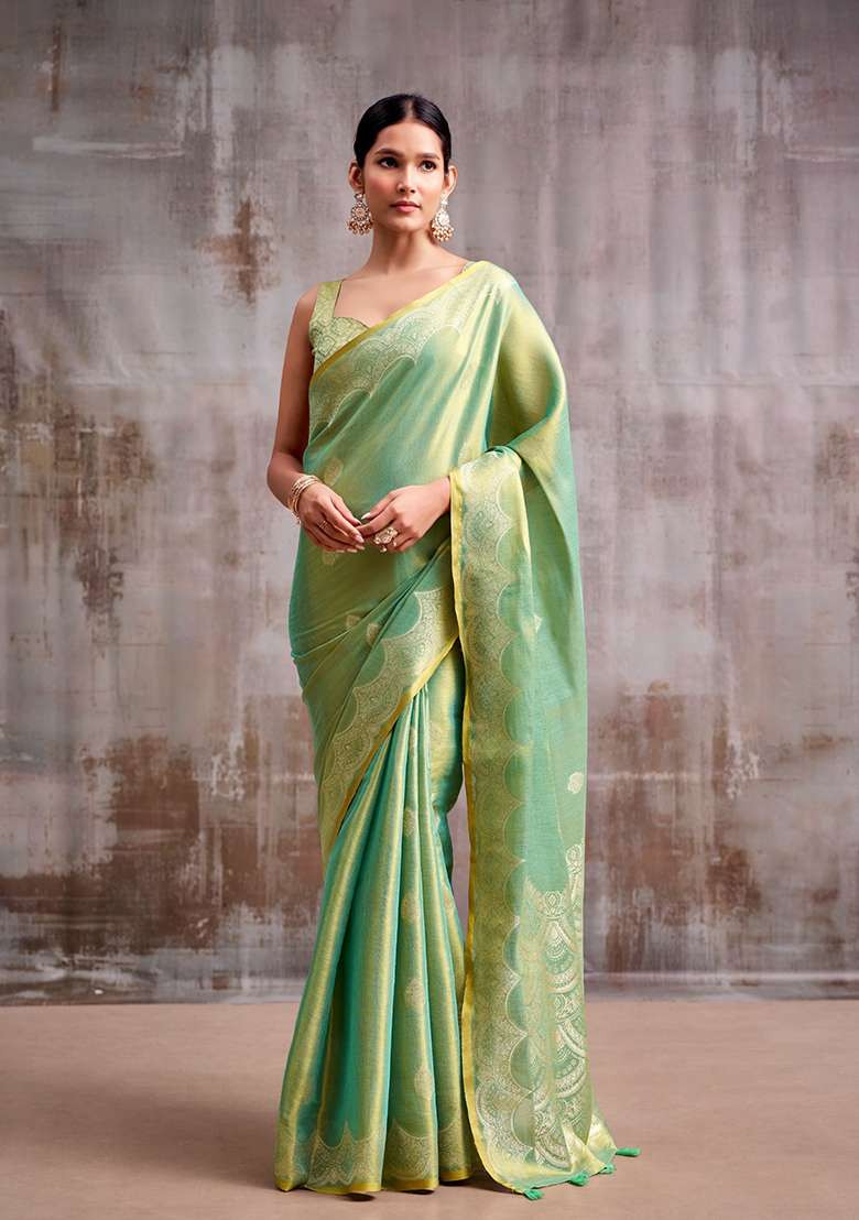Sea Green Woven Tissue Saree Set for Diwali | Wedding & Festive Wear - Indya