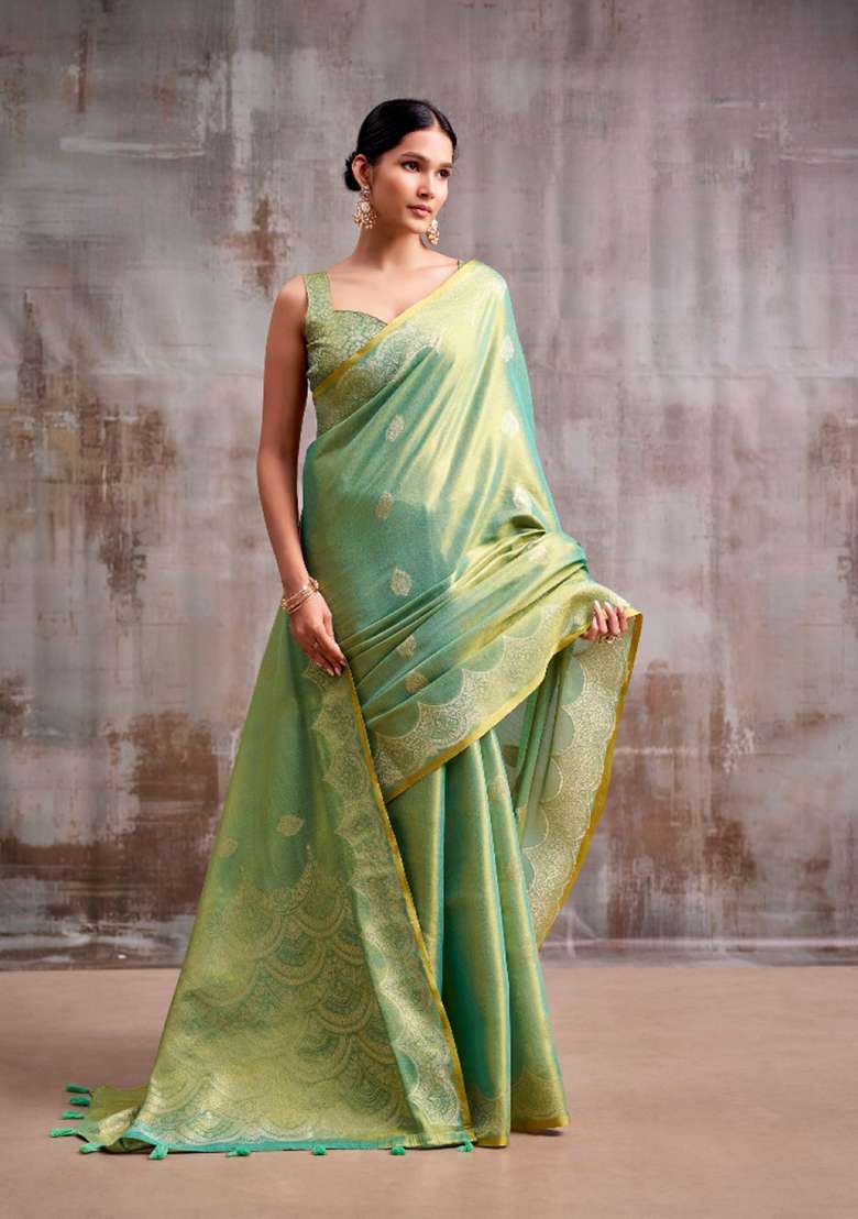 Sea Green Woven Tissue Saree Set for Diwali | Wedding & Festive Wear - Indya