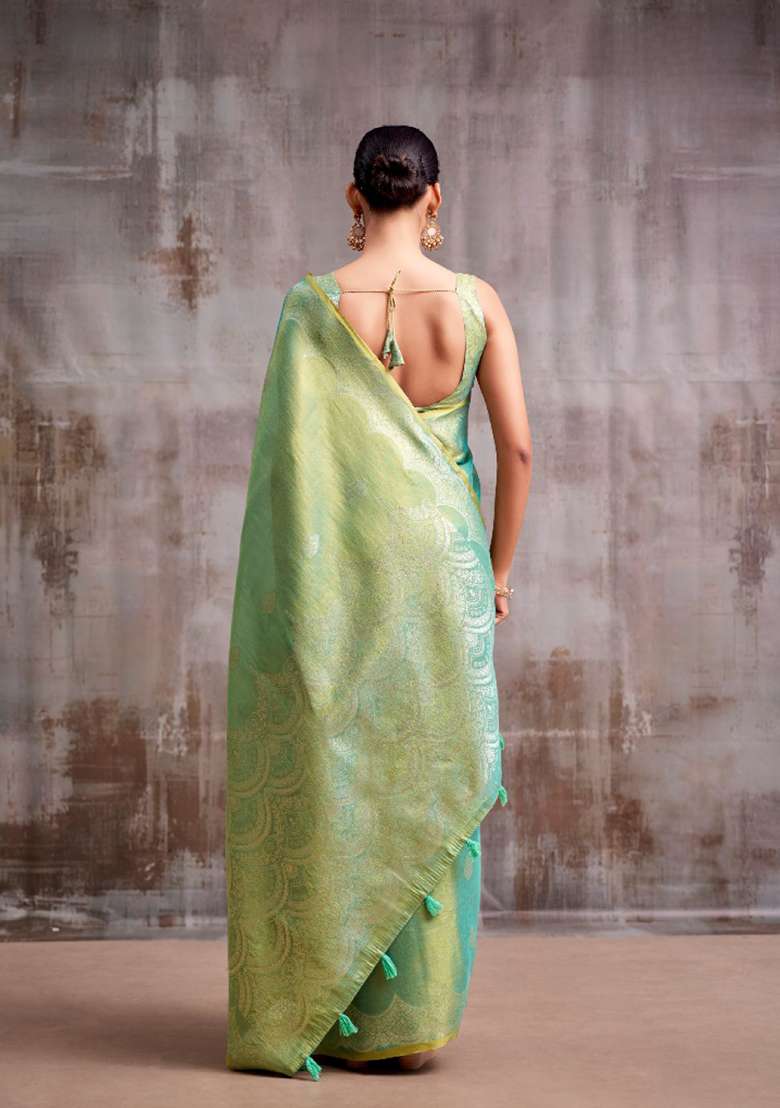 Sea Green Woven Tissue Saree Set for Diwali | Wedding & Festive Wear - Indya