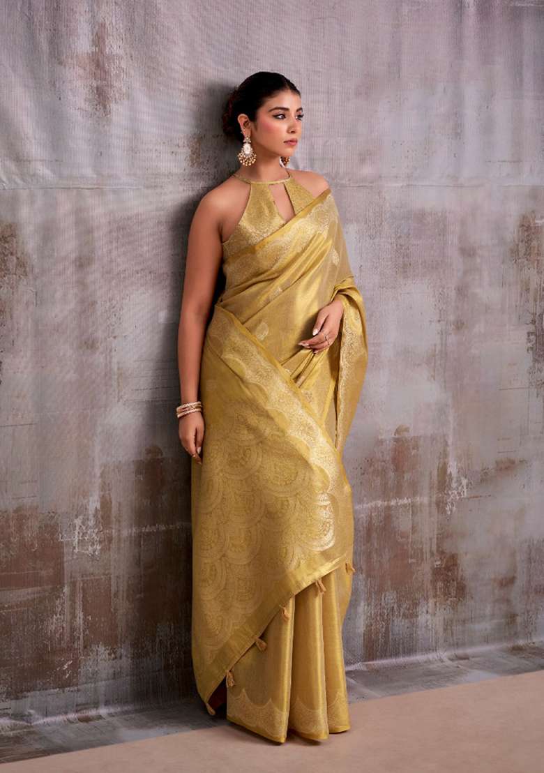 Golden Woven Tissue Saree Set for Diwali and Festive Wear - Indya