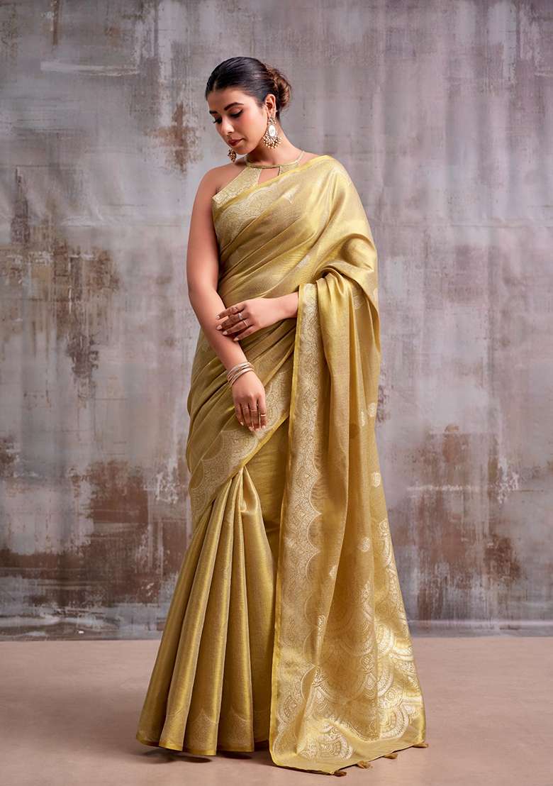 Golden Woven Tissue Saree Set for Diwali and Festive Wear - Indya