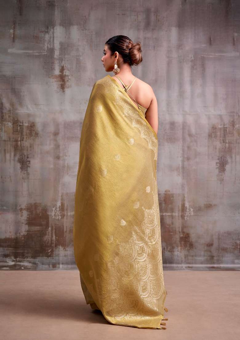 Golden Woven Tissue Saree Set for Diwali and Festive Wear - Indya