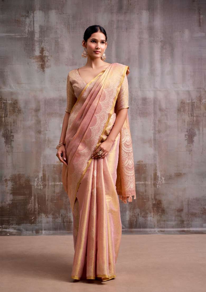 Pink Woven Tissue Saree Set for Diwali | Wedding & Festive Wear - Indya