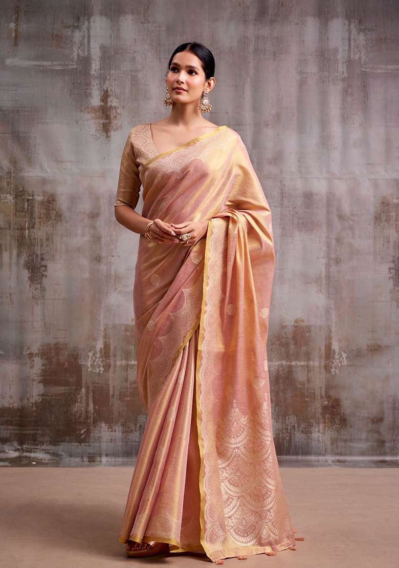 Pink Woven Tissue Saree Set for Diwali | Wedding & Festive Wear - Indya