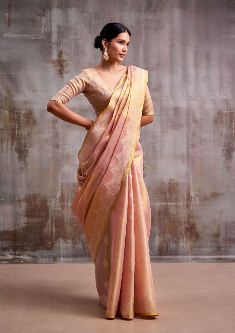Pink Woven Tissue Saree Set for Diwali | Wedding & Festive Wear - Indya