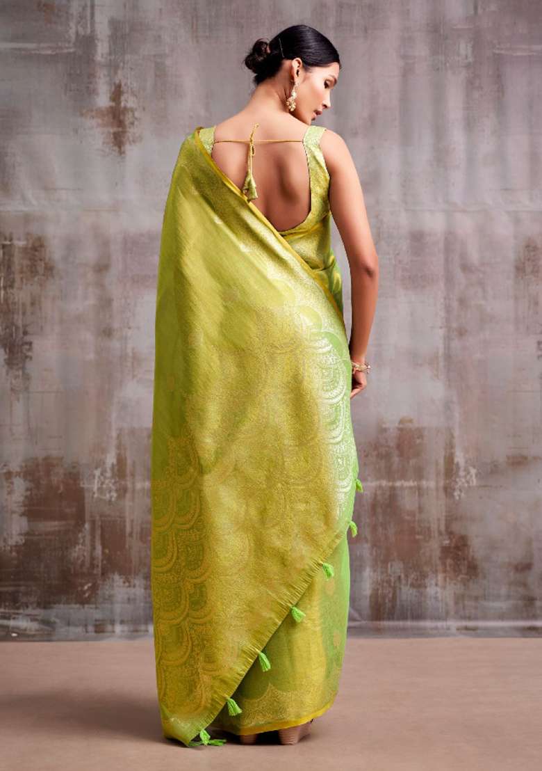 Olive Woven Tissue Saree Set for Diwali and Festive Wear - Indya