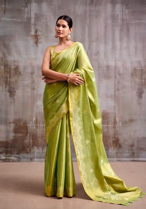 Olive Woven Tissue Saree Set for Diwali and Festive Wear