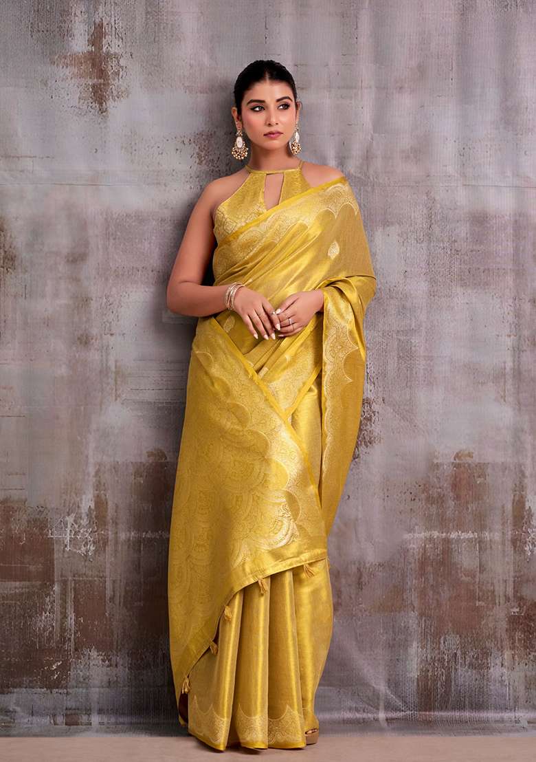 Yellow Woven Tissue Saree Set for Diwali and Festive Wear - Indya