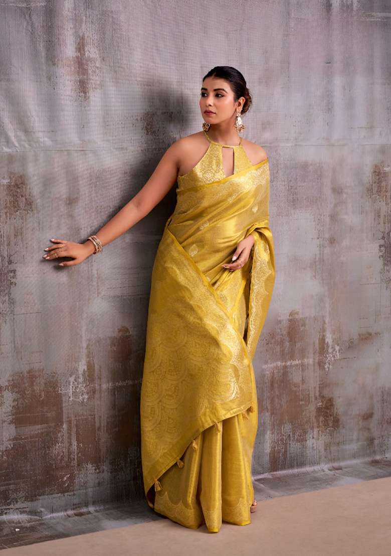 Yellow Woven Tissue Saree Set for Diwali and Festive Wear - Indya