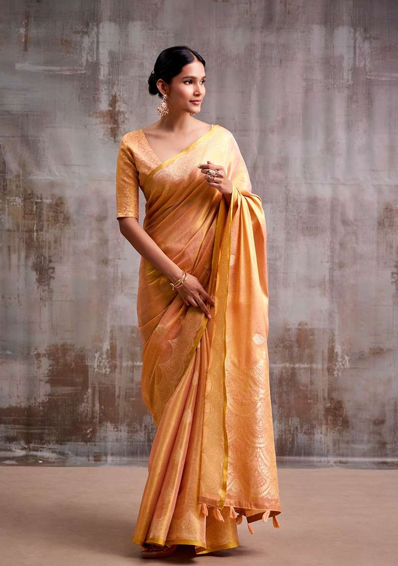 Orange Woven Tissue Saree Set for Diwali | Wedding & Festive Wear - Indya