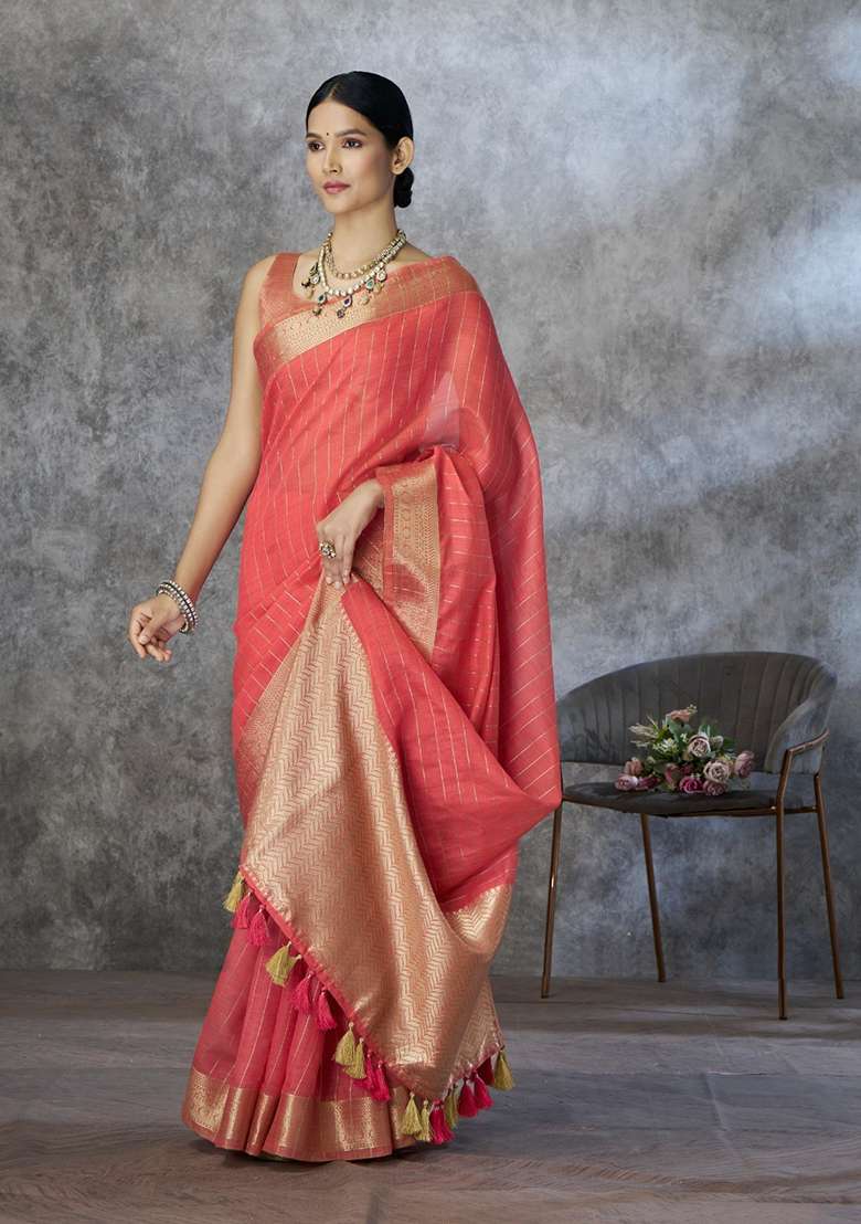 Peach Silk Saree Set with Printed for Diwali | Wedding & Festive Wear - Indya