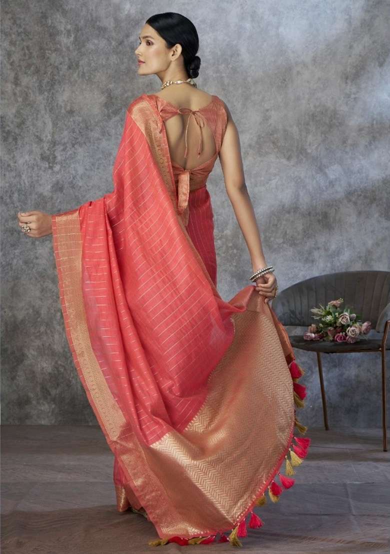 Peach Silk Saree Set with Printed for Diwali | Wedding & Festive Wear - Indya