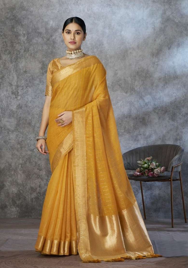 Yellow Printed Silk Saree Set for Diwali and Festive Wear - Indya