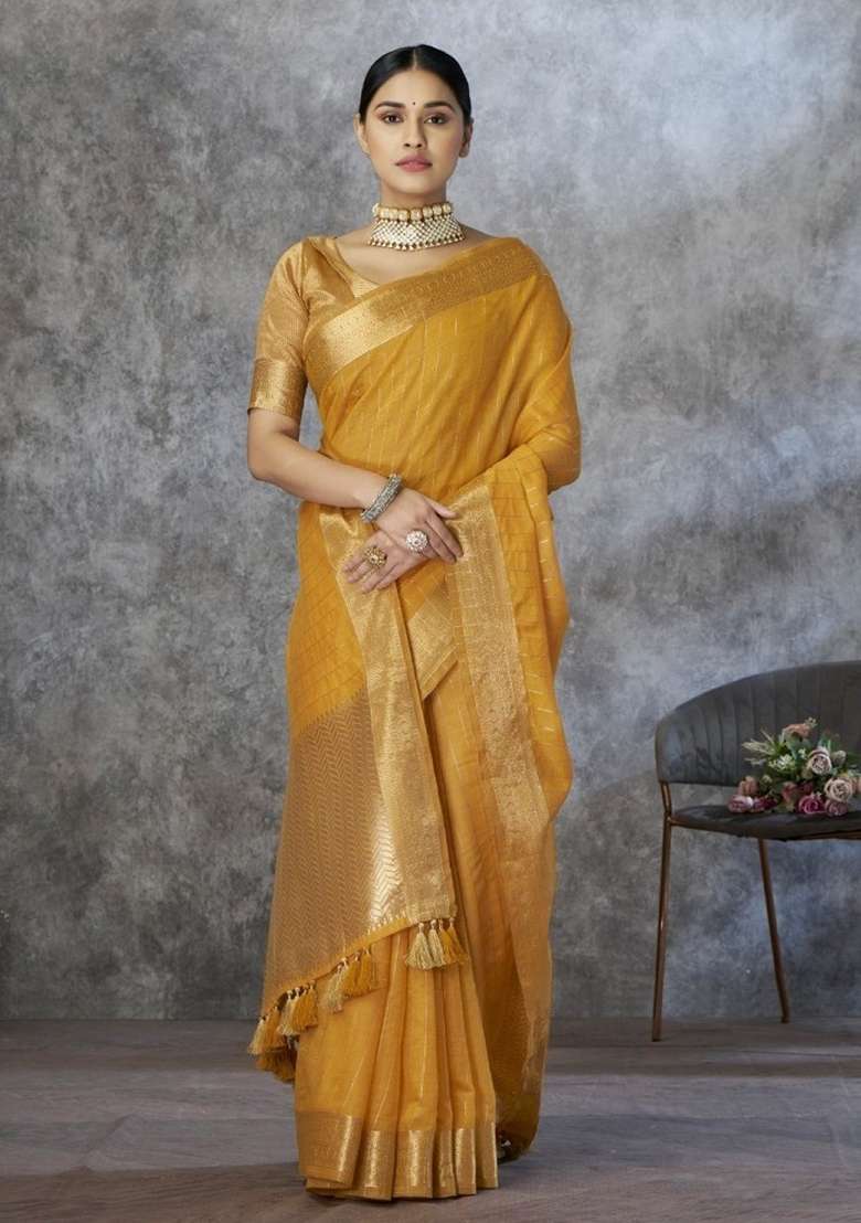 Yellow Printed Silk Saree Set for Diwali and Festive Wear - Indya