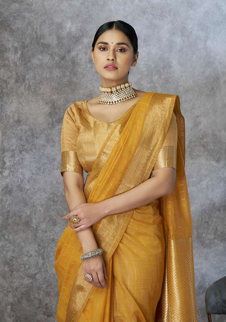 Yellow Printed Silk Saree Set for Diwali and Festive Wear - Indya