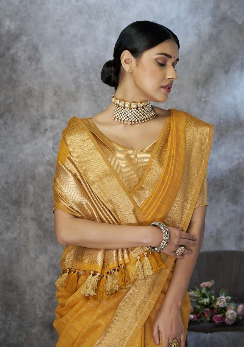 Yellow Printed Silk Saree Set for Diwali and Festive Wear - Indya