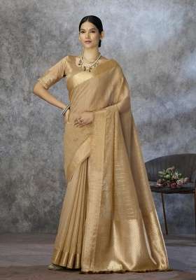 Beige Printed Silk Saree Set for Diwali and Festive Wear