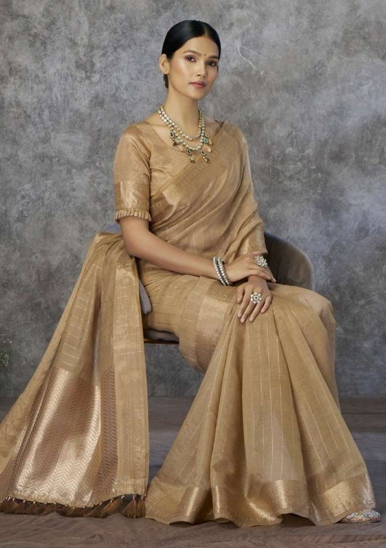 Beige Printed Silk Saree Set for Diwali and Festive Wear - Indya