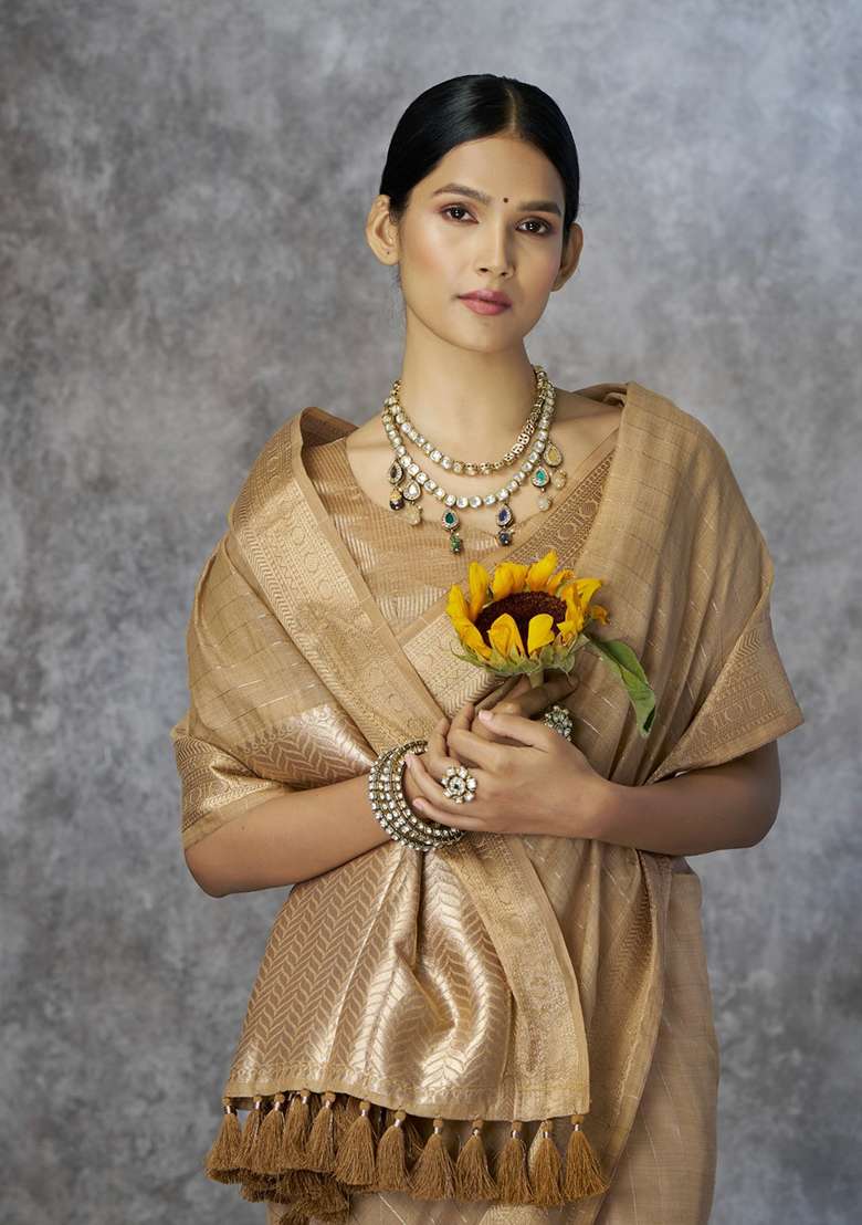 Beige Printed Silk Saree Set for Diwali and Festive Wear - Indya