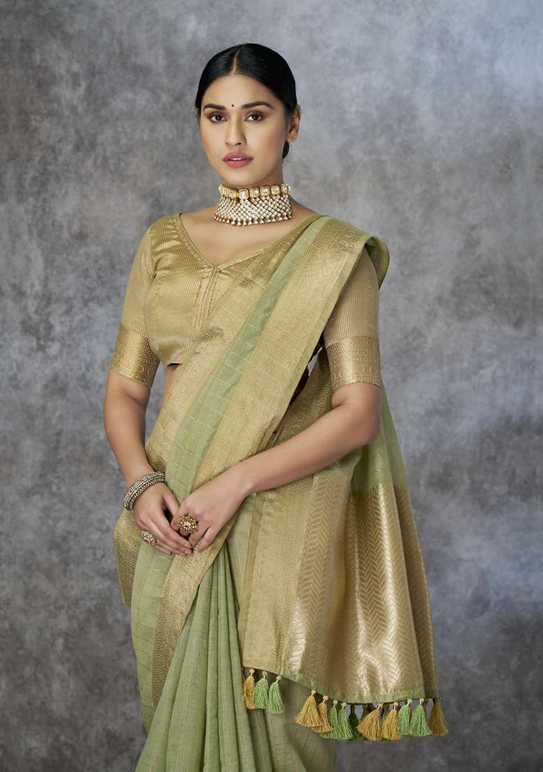 Green Silk Saree Set with Printed for Diwali | Wedding & Festive Wear - Indya