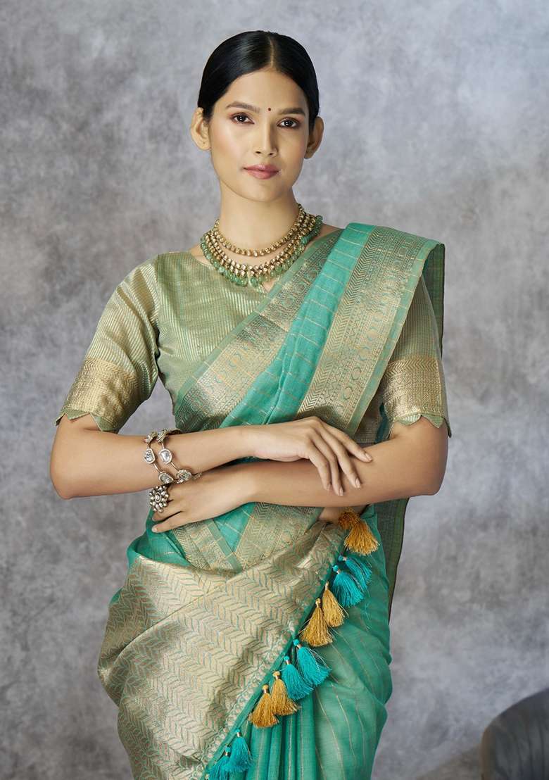 Blue Silk Saree Set with Printed for Diwali | Wedding & Festive Wear - Indya