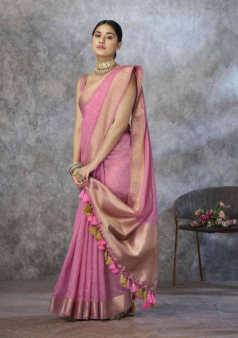 Pink Printed Silk Saree Set for Diwali and Festive Wear - Indya