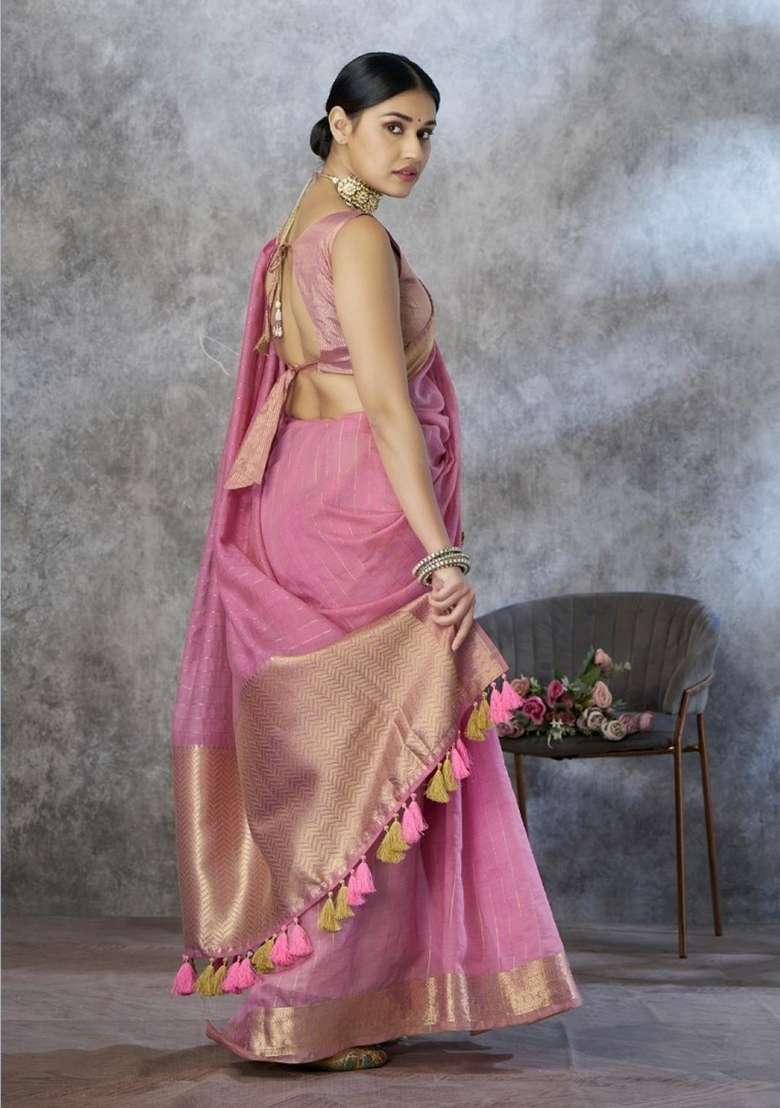 Pink Printed Silk Saree Set for Diwali and Festive Wear - Indya