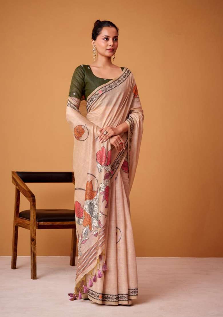 Peach Silk Saree Set with Printed for Diwali | Wedding & Festive Wear - Indya