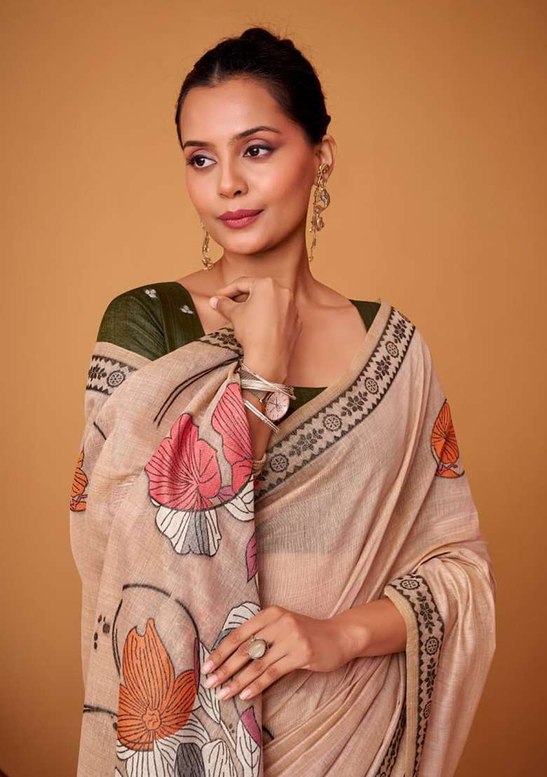 Peach Silk Saree Set with Printed for Diwali | Wedding & Festive Wear - Indya