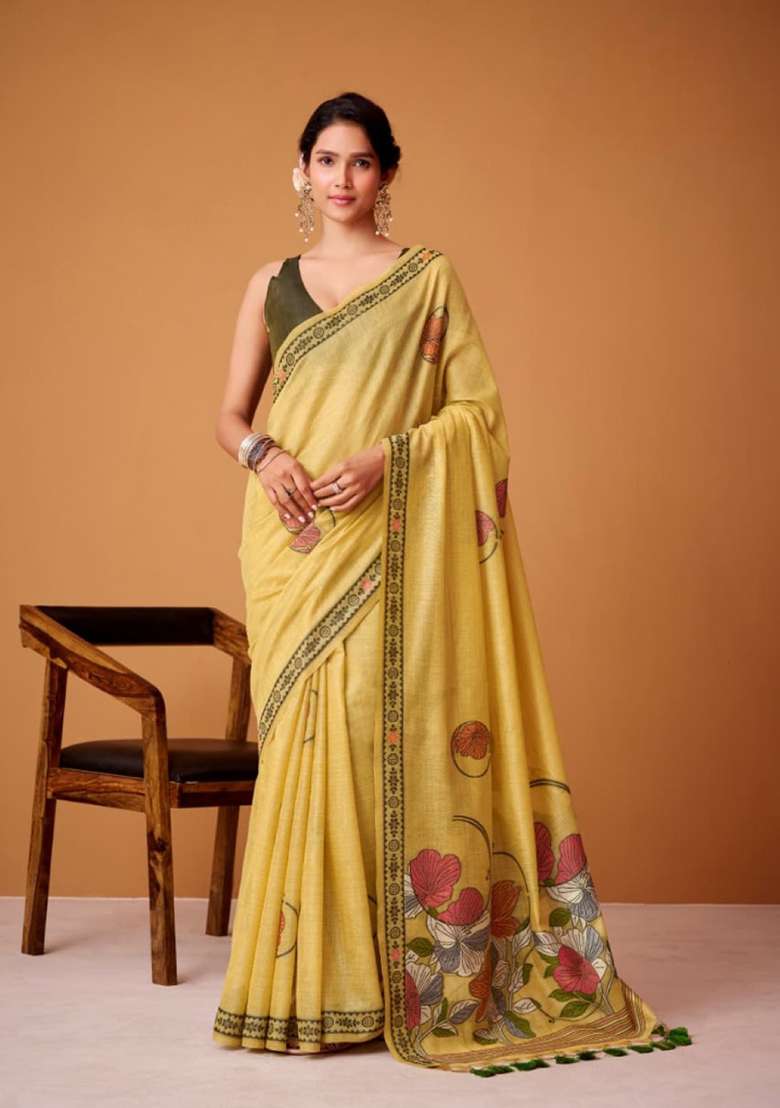 Yellow Silk Saree Set with Printed for Diwali | Wedding & Festive Wear - Indya