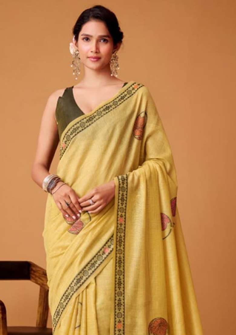 Yellow Silk Saree Set with Printed for Diwali | Wedding & Festive Wear - Indya