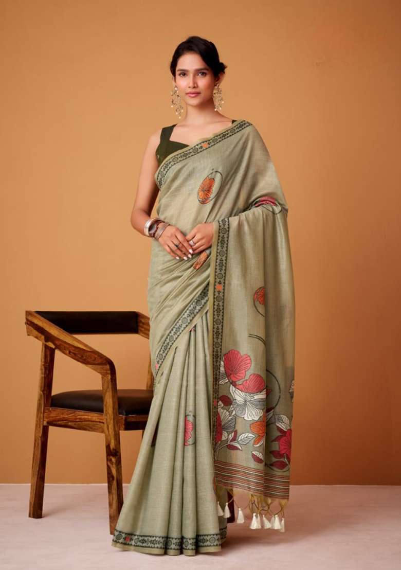 Mehendi Silk Saree Set with Printed for Diwali | Wedding & Festive Wear - Indya