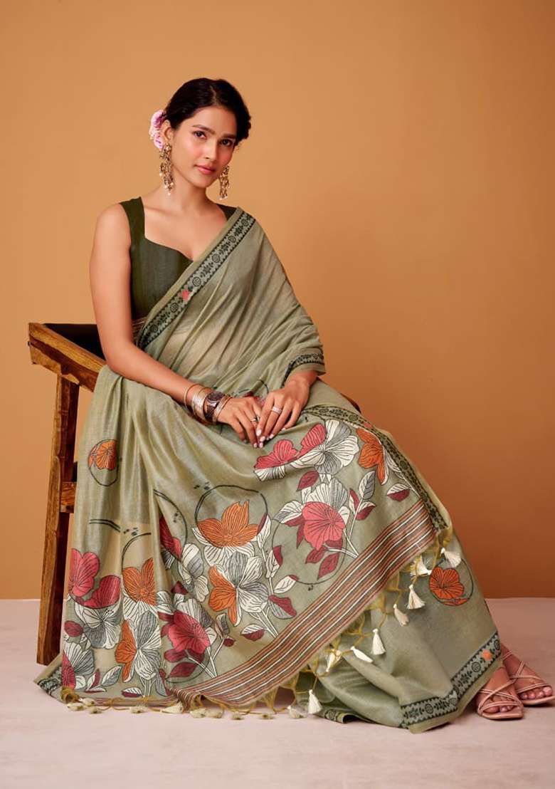 Mehendi Silk Saree Set with Printed for Diwali | Wedding & Festive Wear - Indya