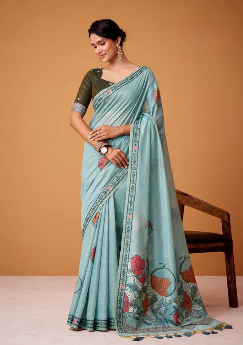 Blue Printed Silk Saree Set for Diwali and Festive Wear - Indya