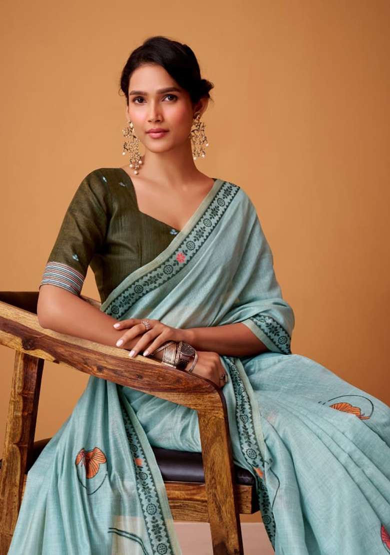 Blue Printed Silk Saree Set for Diwali and Festive Wear - Indya