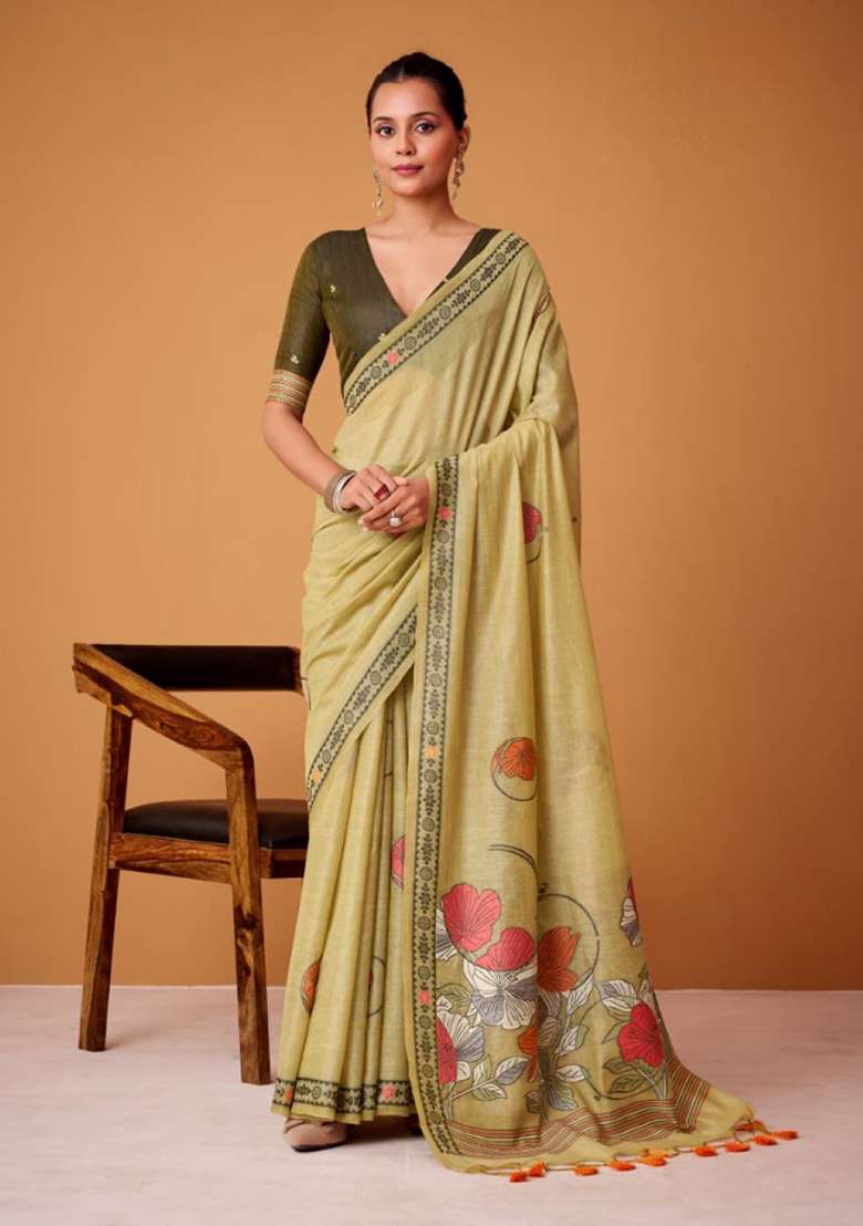 Olive Silk Saree Set with Printed for Diwali | Wedding & Festive Wear - Indya