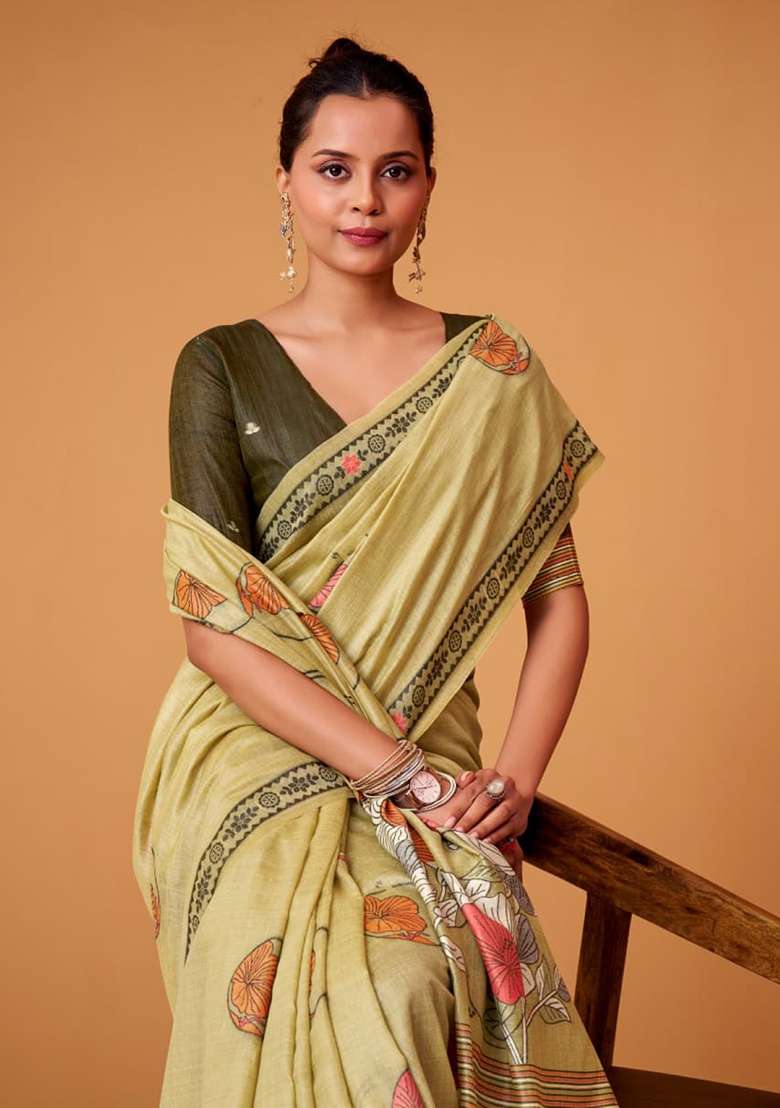 Olive Silk Saree Set with Printed for Diwali | Wedding & Festive Wear - Indya