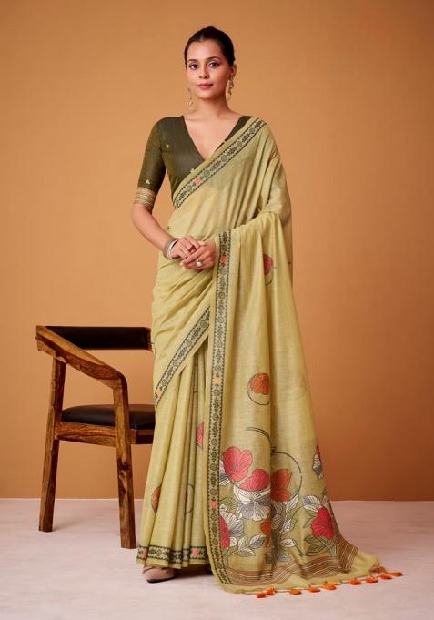 Olive Silk Saree Set with Printed for Diwali | Wedding & Festive Wear