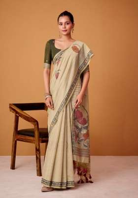 Beige Silk Saree Set with Printed for Diwali | Wedding & Festive Wear