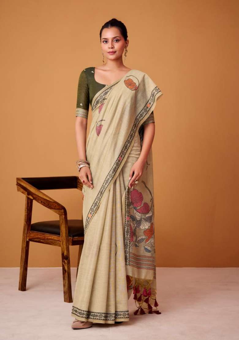 Beige Silk Saree Set with Printed for Diwali | Wedding & Festive Wear - Indya